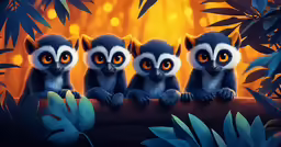 three cute little lemmings are sitting on a tree branch in front of the fire