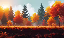 a painting of trees and grass with oranges in the foreground
