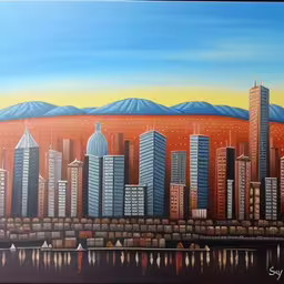 the skyline has many tall buildings with mountains behind it,this is a painting of some buildings on the beach,an oil painting of a cityscape with mountains in the background,a painting of the city and water near it,this painting depicts the city skyline as it overlooks a lake