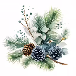 a watercolor painting of pine and cones