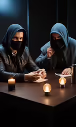 two men sit at a table wearing hooded clothing