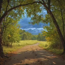 a scenic view of a dirt road surrounded by trees