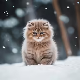 a small kitten sitting on top of snow covered ground