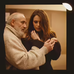 a man with long hair hugging a woman