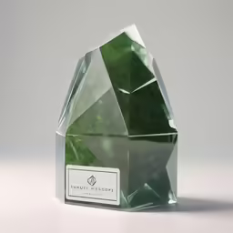 a green crystal cube with a small white label