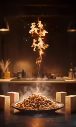 an image of a steaming dish with nuts and fire
