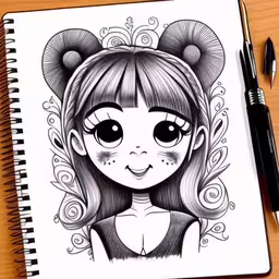 a drawing of an anime character in black and white,a sketch of an anime girl with horns