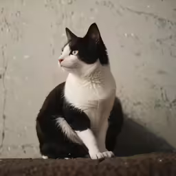 a black and white cat is looking up in the air
