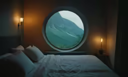 there is a bed with pillows and blankets in the room