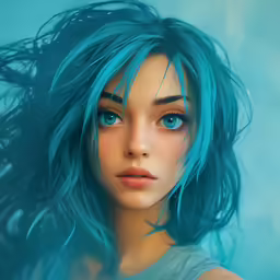 an artistic painting of a woman with green hair and blue eyes