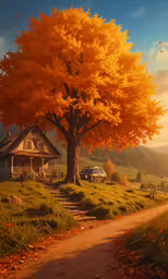 an oil painting of a tree in front of a house,a very big tree that is by a road