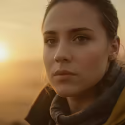 a woman with brown eyes is wearing a black and yellow scarf