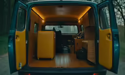 the back end of an older camper van with its doors open