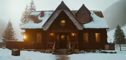 a log house with large snow covered trees surrounding it