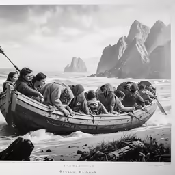 a painting depicting several men in a long boat, in the water, and a group of other men, on land