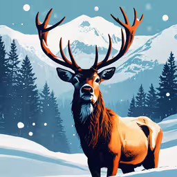 a deer stands in a snowy forest surrounded by mountains,an animal in the snow with a mountain background