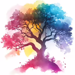 an artistic colorful tree silhouette on a white background