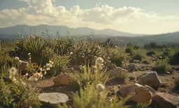 the desert is covered in rocks and grass