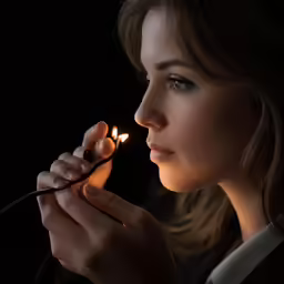 a woman holding a lit matchstick in front of her face
