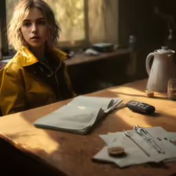 a young woman in a yellow jacket at a table