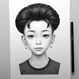 a woman with big eyes and a necklace on a sheet of paper