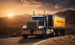 a semi truck on the road by some mountains,a large truck driving down a long road at sunset