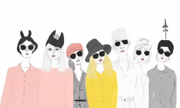 five ladies in black glasses and hat, one wearing white glasses