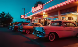 a vintage car parked in front of a kohlole shop