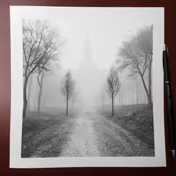 a foggy cathedral standing on top of a hillside