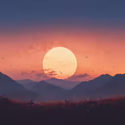 birds are flying in the distance in front of a sunset,the sun is setting behind a cluster of birds flying