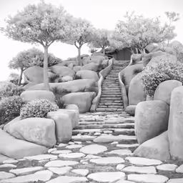 a winding stone path leads up to a cliff