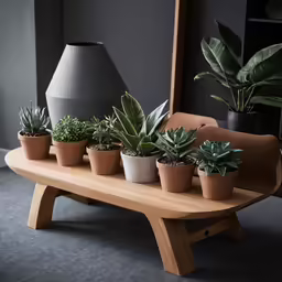 a wooden bench with various houseplants and a lamp