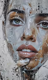 a womans face with many objects all around her