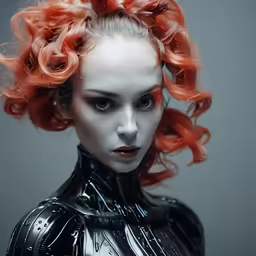 a woman with red hair in black latex