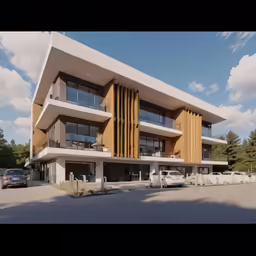 a multi story apartment building with parking spaces next to it