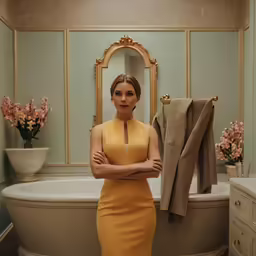 woman in yellow dress posing next to tub with robe and shoes