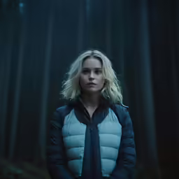 a woman wearing a coat and a tie in the woods
