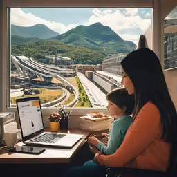 a woman and child look out the window at a scenic view