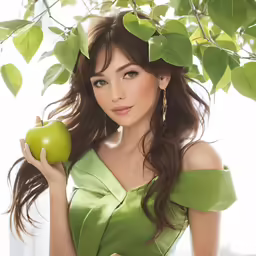 an asian girl wearing a green dress holding a green apple