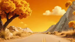an empty desert road with an orange sky in the background