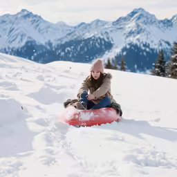 a woman sledding down a snow covered slope