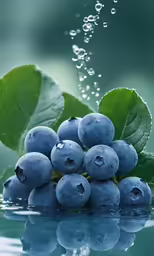 blueberries, leaves and water are displayed on a table