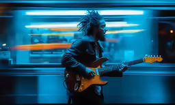 a man with dreadlocks playing a yellow electric guitar