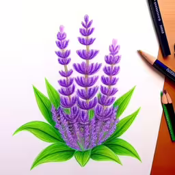 a drawing is shown with pencils on top of paper,a drawing of some pretty purple flowers,a drawing of purple flowers on paper with pencils next to it,pencils on top of paper with a drawing of flowers,some purple flowers with green leaves on a white paper