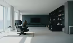 a woman sitting on a chair watching television in an office space