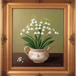 a picture with lilies inside of it,a painting of a vase with flowers painted in it,a painting of lily of the valley in a teacup,a painting that has some lilies in a vase,there is a painting with a white vase with lily of the valley in it