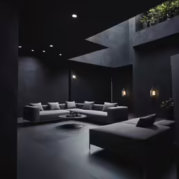 a room with a white sofa and plant