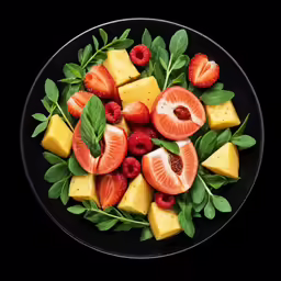 an arrangement of fruit that includes strawberries, oranges, pineapples, and more