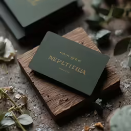 the top portion of the business card that has been placed on a wooden block