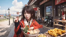 a woman with long black hair standing in front of a bunch of fruit